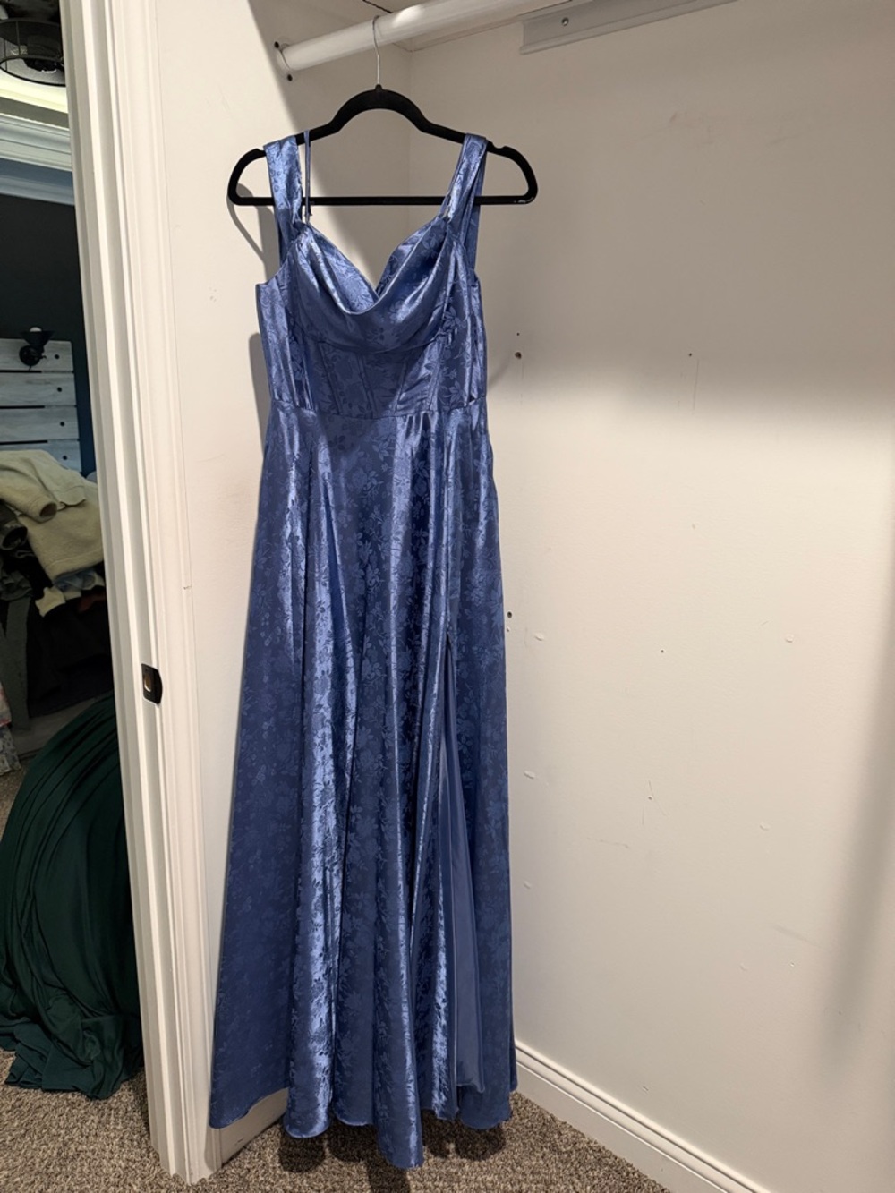 B Darlin Periwinkle Satin Prom Gown with Cowl Neck